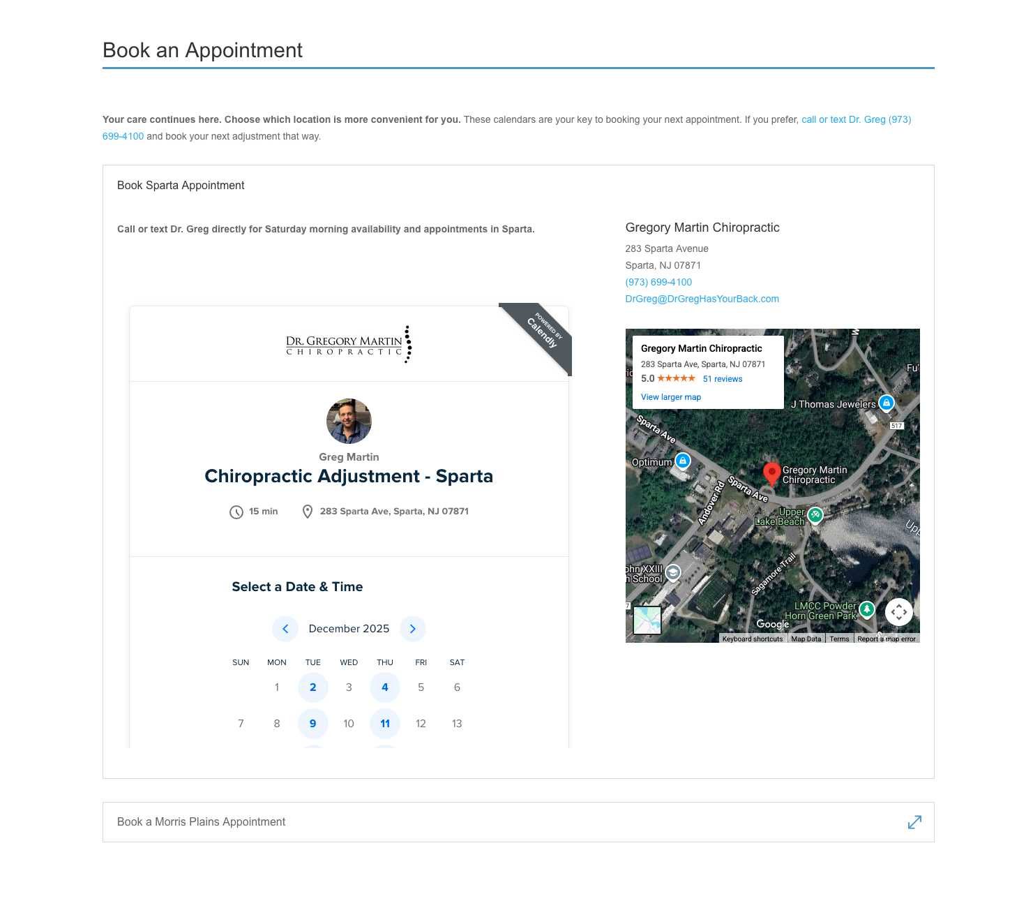 Dr. Greg Martin Chiropractic screen grab of booking page