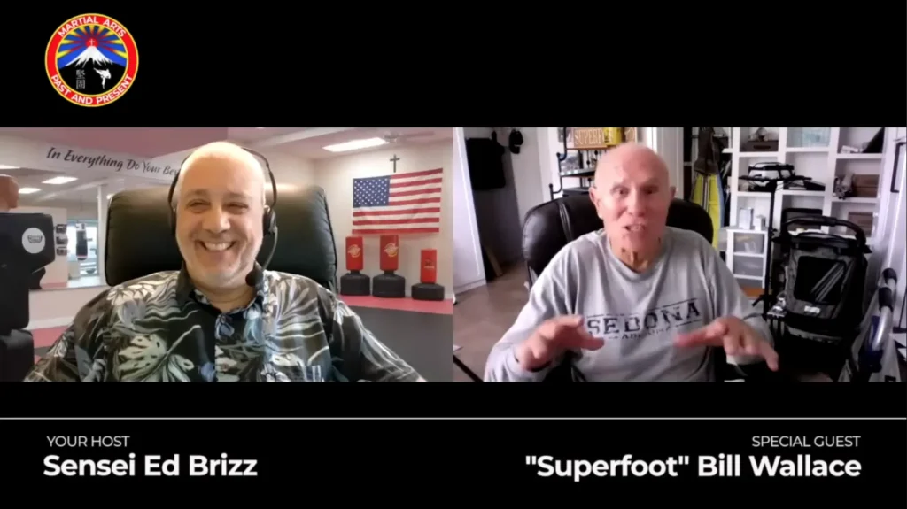 Video grab of the Martial Arts Past and Present podcast featuring Sensei Ed Brizz interviewing Bill "Superfoot" Wallace.